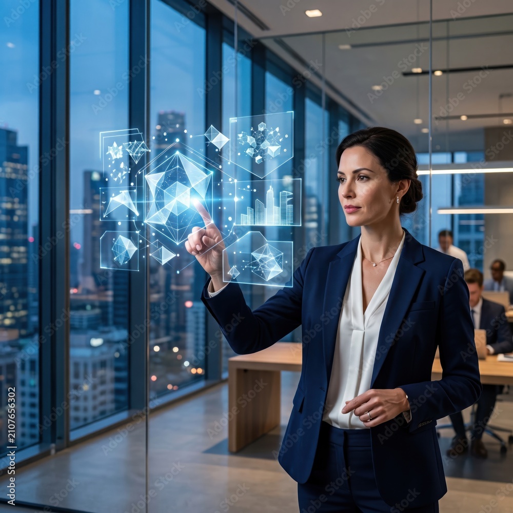 Fototapeta premium The young professional woman is interacting with a futuristic interface in a modern office environment for business operations and technology industry purposes.