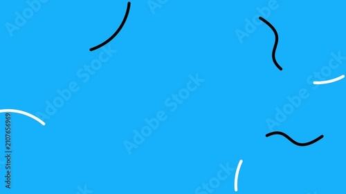 Abstract line art background with hand drawn curves and minimal doodle shapes in black and white, featuring wavy lines and flowing scribbles on a clean blue backdrop