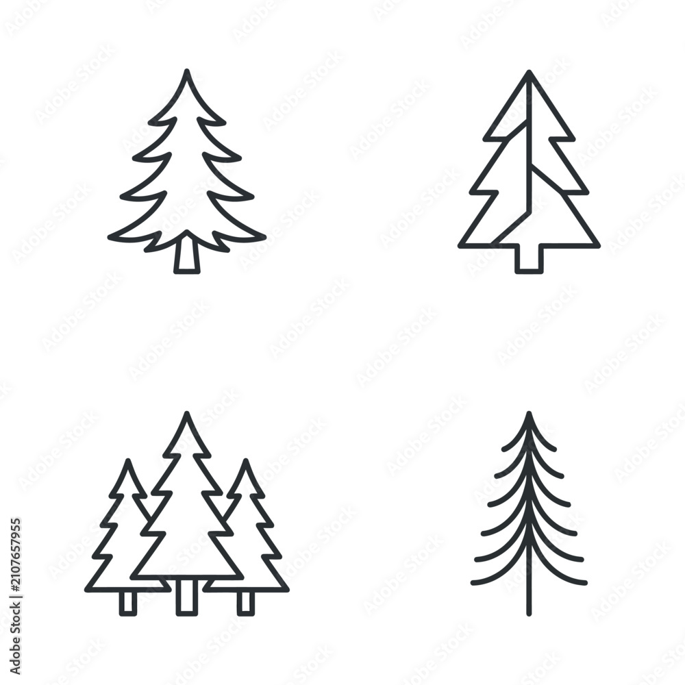 Fototapeta premium Collection of simple line drawings of various pine trees in different styles and arrangements
