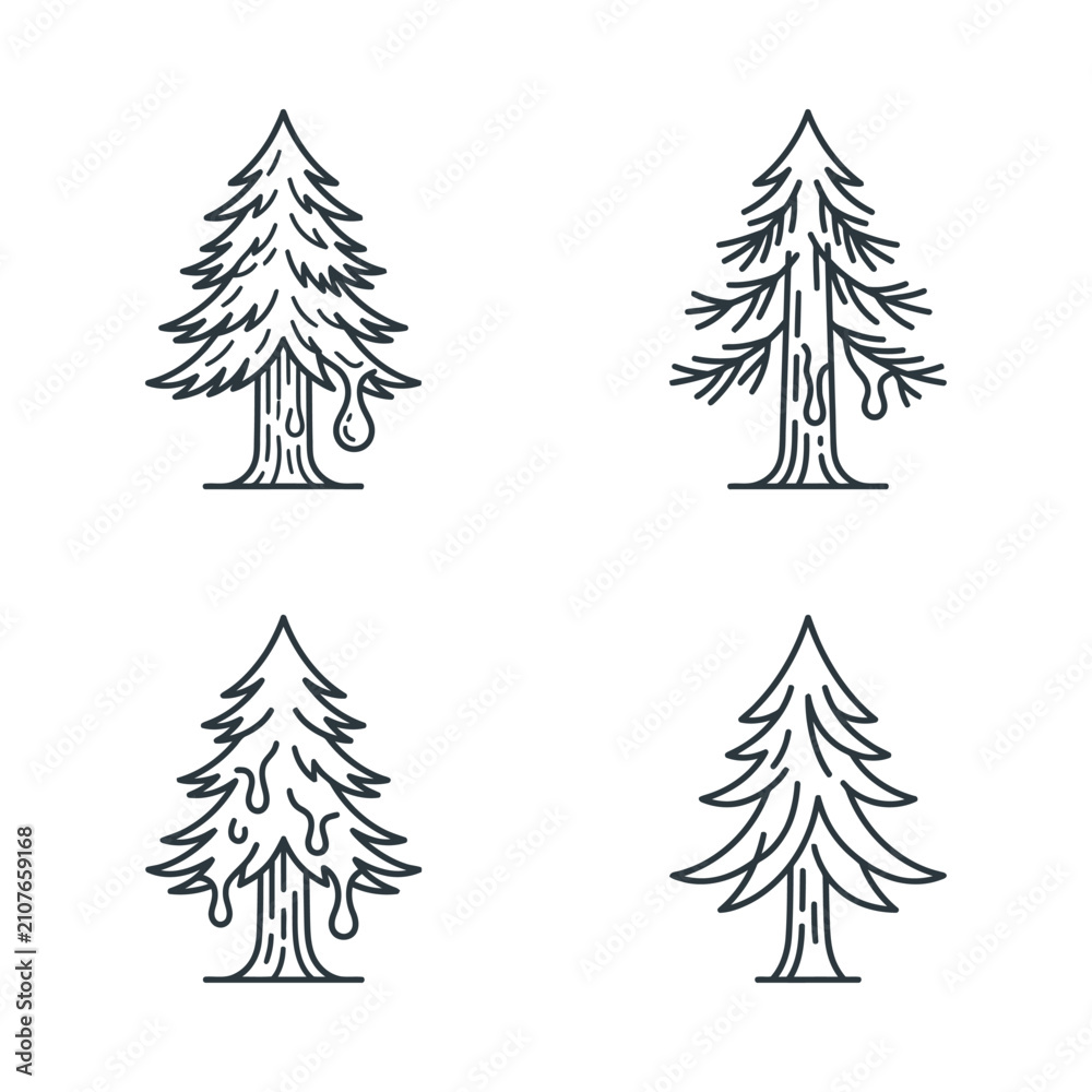 Obraz premium Illustrations of four distinct pine trees displaying various sap and bark textures