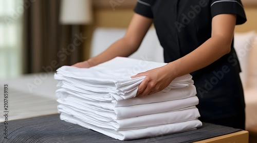 A person carefully folding a stack of white linens on a dark surface in a well lit room with soft background elements