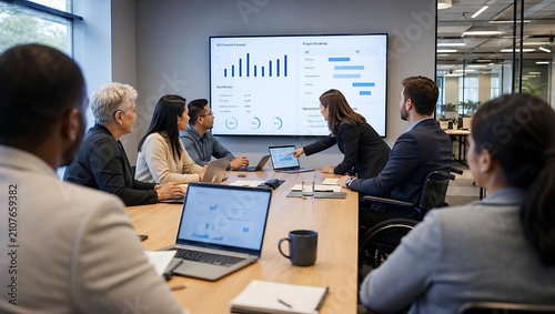 Business meeting team presenting financial charts on a large office monitor