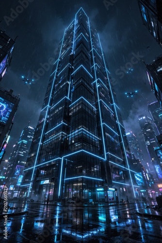 Futuristic Cityscape at Night with Neon Lights and Flying Vehicles.