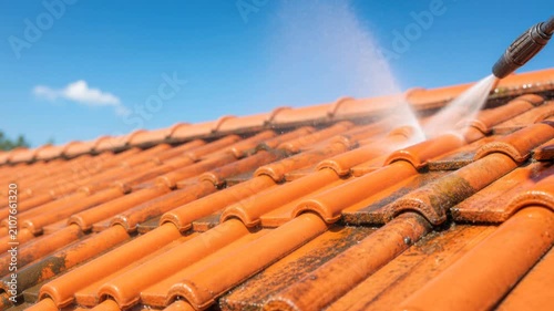 High pressure cleaning of orange ceramic roof tiles on a sunny day with blue sky