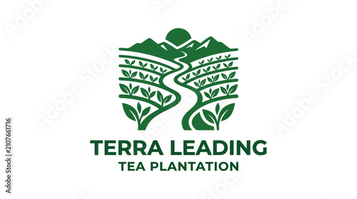 Foto Green tea plantation logo with scenic landscape and sun.