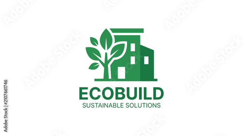 Sustainable building logo with green leaf for eco construction.