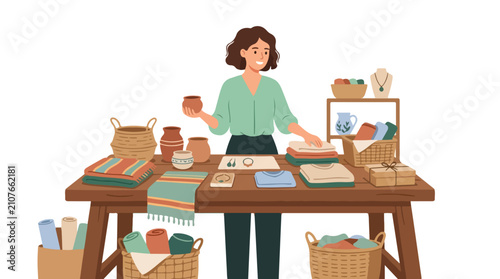 A smiling woman sells handmade goods, including pottery, textiles, and jewelry, at a charming market stall in this flat vector illustration.