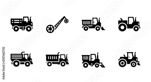 Farm Machinery Icons: Tractor, Truck, Harvester, Loader Set
