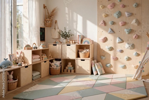 Cozy Scandinavian-Inspired Childrens Playroom with Natural Light and Climbing Wall.