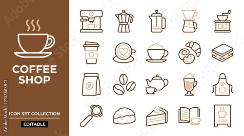 Coffee shop icon set collection editable line style