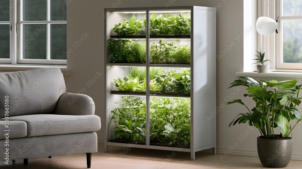 Fototapeta premium A modern indoor vertical garden unit filled with lush green plants under lighting in a cozy living room setting