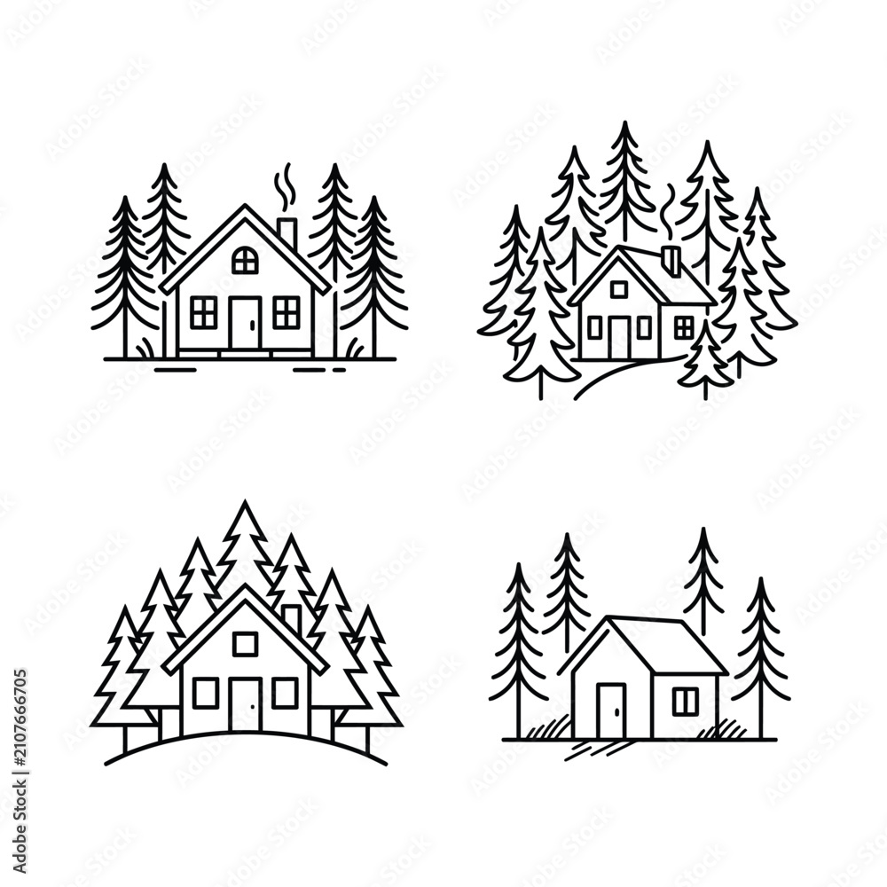 Obraz premium Four minimalist illustrations of cozy cabins surrounded by tall pine trees in a serene forest setting