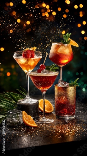 Luxurious Sparkling Cocktails with Golden Glitter and Festive Bokeh