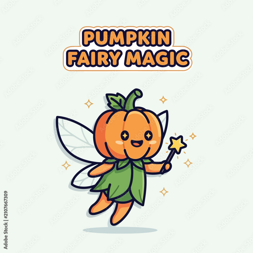 Fototapeta premium Cute pumpkin fairy with wings casting magic halloween vector illustration isolated on white background
