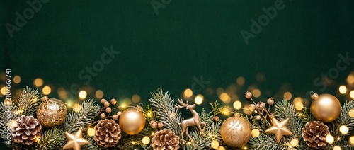 Luxury Green Abstract Background with Golden Bokeh Lights