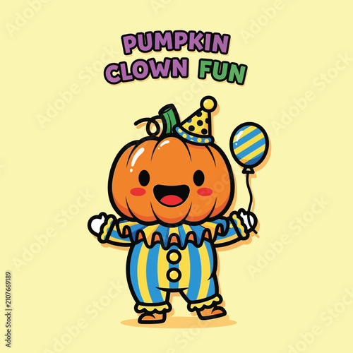 Cute pumpkin clown holding balloon halloween character illustration isolated on white background