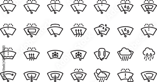 Car Windshield Wiper Washer Fluid Defrost System and Auto Glass Care Outline Icon Set