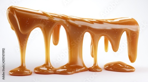 Caramel syrup dripping on white background in macro studio shot for food industry marketing