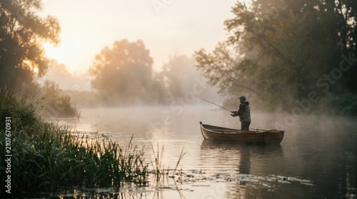 Lone Angler at Dawn: A solitary figure casts a line from a small boat on a misty river as the sun begins to rise, creating a serene and tranquil atmosphere.