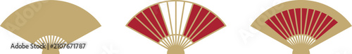 Three stylized gold and red fans in a row  folding fan