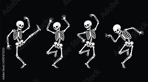 Fotografía Dancing skeletons white silhouettes on black background illustration