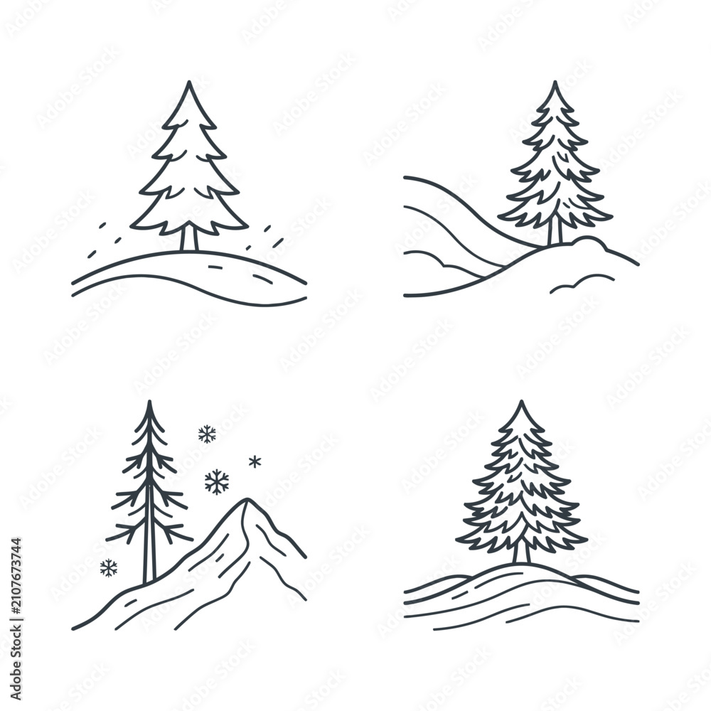 Obraz premium Illustrations of pine trees in various landscapes, depicting seasonal changes and natural settings