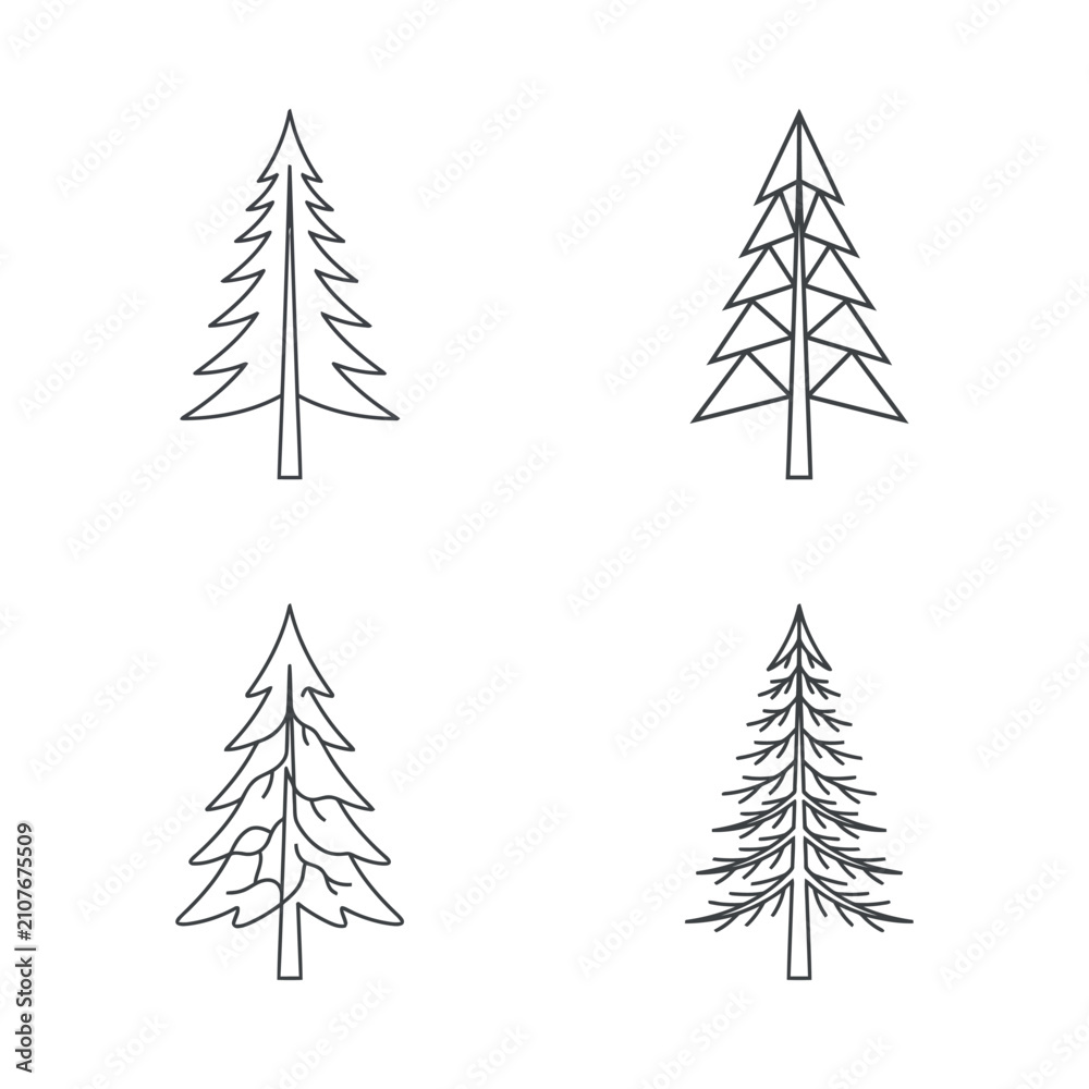 Obraz premium Four distinct styles of pine trees illustrated in a minimalist design for nature-themed projects
