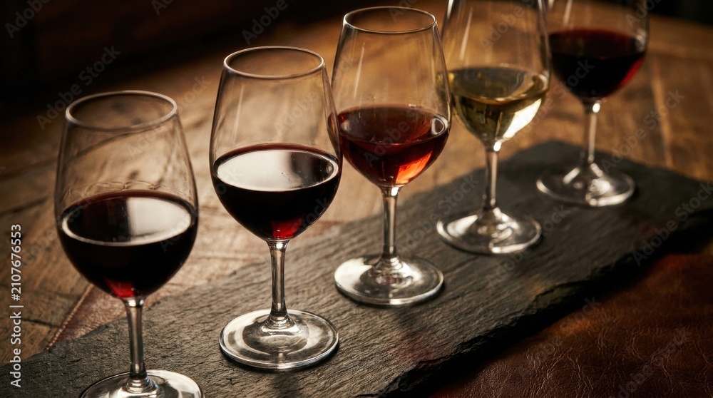 Obraz premium Wine Tasting Journey: A refined selection of wine glasses, showcasing rich red and crisp white varieties, are elegantly arranged on a slate board, inviting a sophisticated tasting experience.