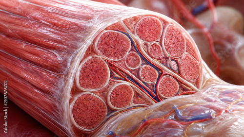 Skeletal muscle bundle cross section showing fascia, fiber, and blood vessel anatomy in detailed macro biological illustration