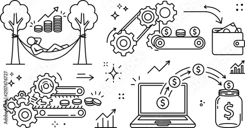 Cuadro en lienzo Passive income vector icon set featuring hammock gears laptop wallet savings jar