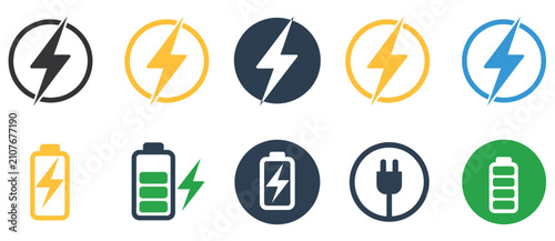 Electric Power Icon Set Showing Circular Lightning Bolt Emblem, Energy Symbol, Electrical Charge, Thunder Hazard, and Voltage Warning Vector Illustration