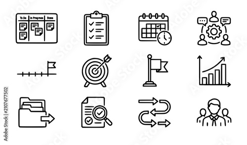 Project management workflow and productivity editable outline icons set for business planning vector