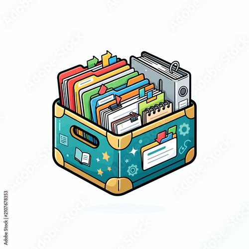 Educational archive box with documents. School supplies storage for organized classroom.