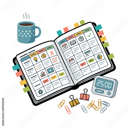 Teacher lesson planner with coffee mug. Academic schedule organizer for school planning.