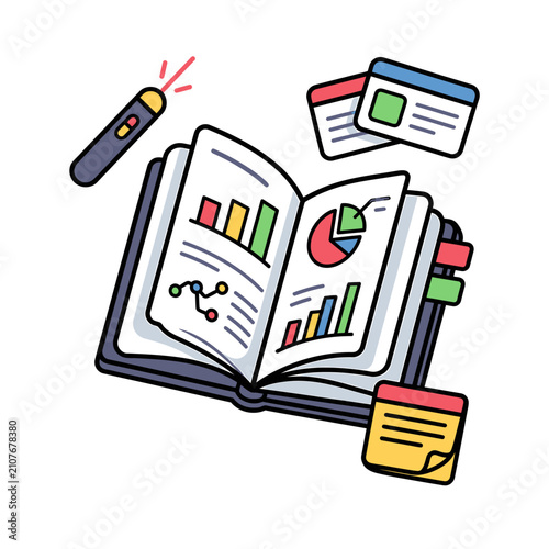 Open book with business charts and laser pointer. Financial report presentation icon.