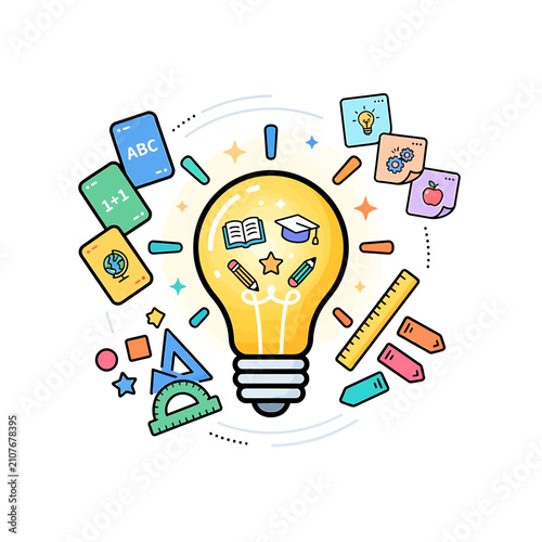 World Teachers Day light bulb icon. Educational school supplies and learning symbols set.