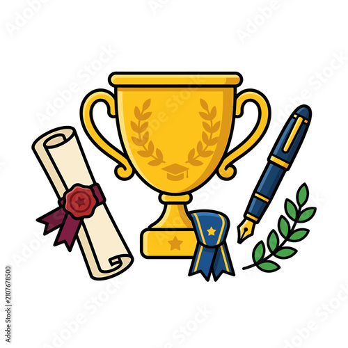 Teacher excellence award trophy icon. Education achievement symbol with diploma and pen.