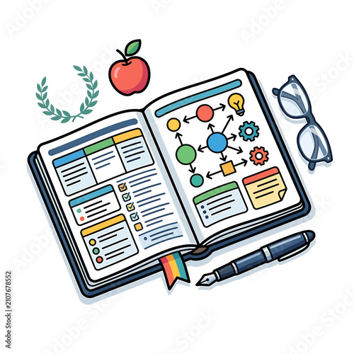 World Teachers' Day planner with pen and educational icons. Flat vector lesson organizer for classroom management and appreciation gifts.