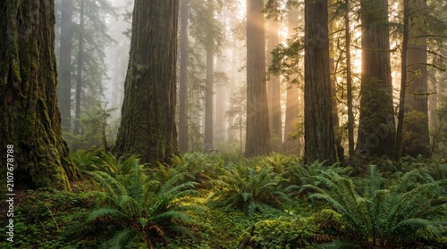Tranquil and atmospheric deep forest landscape featuring dramatic shafts of sunlight illuminating the mossy ground and tall ancient trunks.