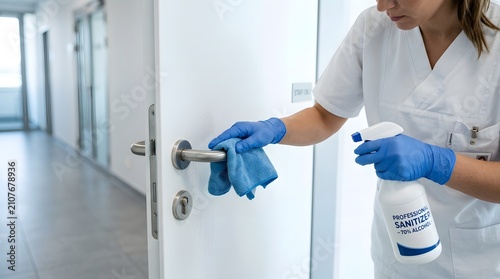 Professional cleaner disinfecting a door handle