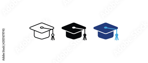 Graduation cap icon set, academic mortarboard hat symbol, education degree sign, university knowledge graphic. Vector illustration