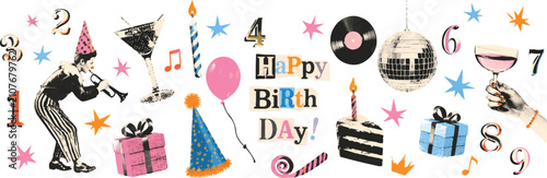 Happy birthday halftone collage cut outs set. Funny stickers with vintage dot texture and doodles. Party hat, cheers hands, champagne, cake, candle, numbers. Modern retro vector illustration isolated