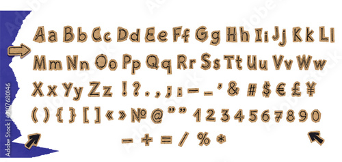 Collage alphabet font, cut out of craft brown paper hand drawn doodle letters, numbers and punctuation marks. Clipping elements set stickers for scrapbook vector illustration on transparent background