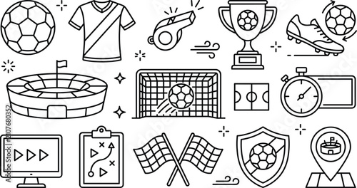 Cuadro en lienzo Soccer football line icons set with stadium jersey trophy whistle goal scoreboar