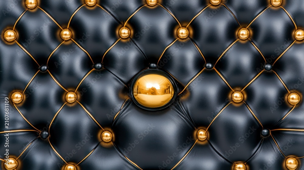 Obraz premium Luxurious black tufted leather upholstery with shiny golden buttons.