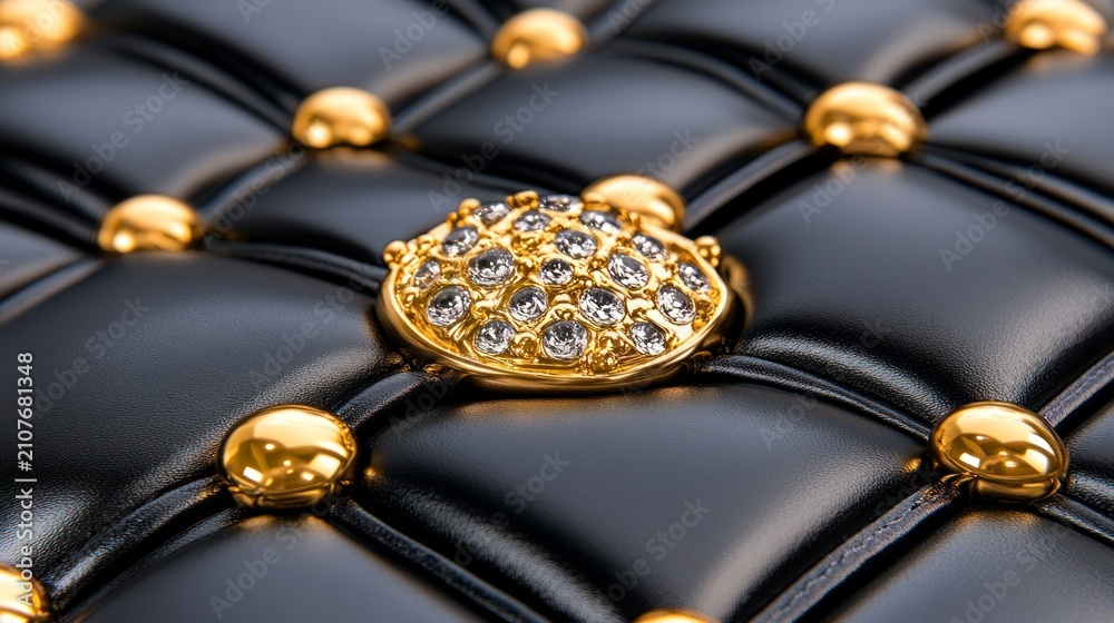 Obraz premium Luxurious black quilted leather with gold studs and a central diamond button.