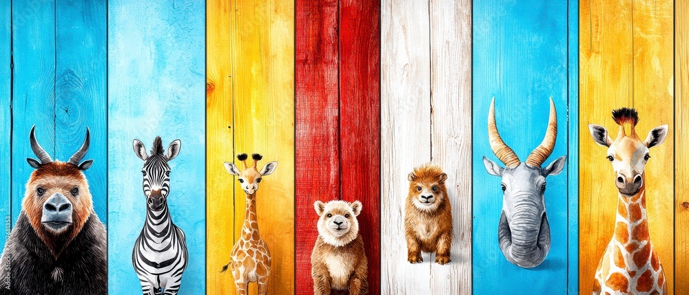 Fototapeta premium Adorable Watercolor Safari Animals on Vibrant Wooden Wall Art for Kids Room