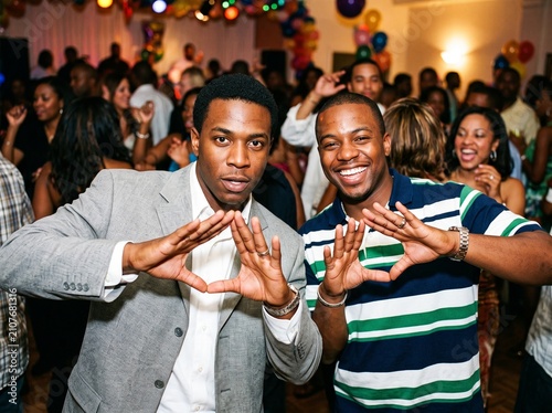 Happy African American men celebrating at a party, young black friends dancing at a social event, diverse group of people enjoying a festive night club gathering