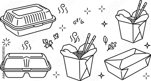 Foto Takeaway food box line art vector set with chinese noodle boxes chopsticks paper