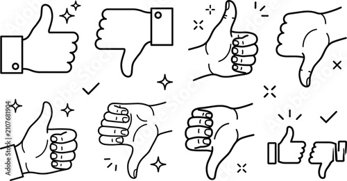 Bild auf Leinwand Thumbs up and thumbs down line icon set featuring hand gestures approval disappr